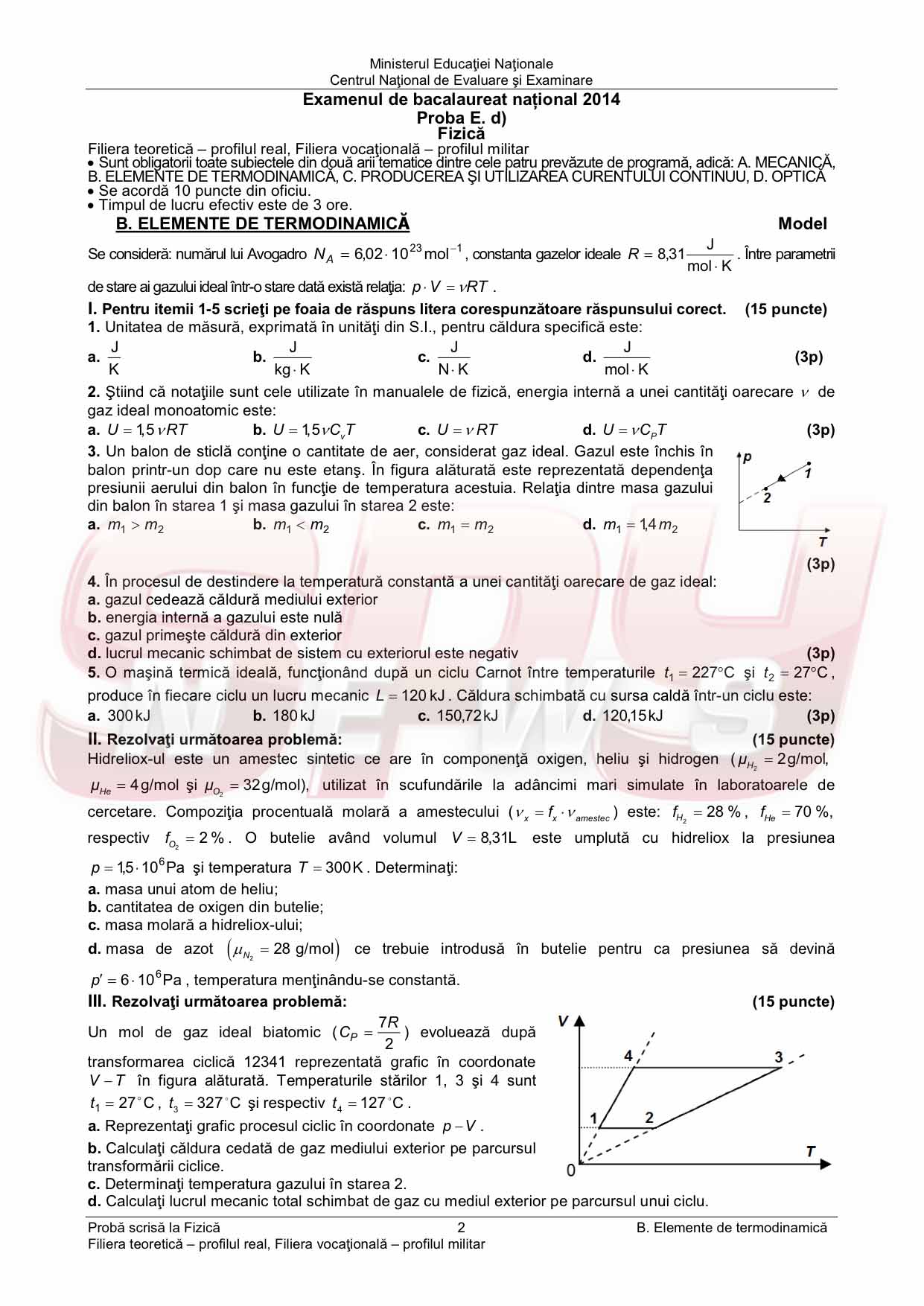 BACALAUREAT 2014 / MODELE de SUBIECTE la FIZICĂ şi BAREM de corectare